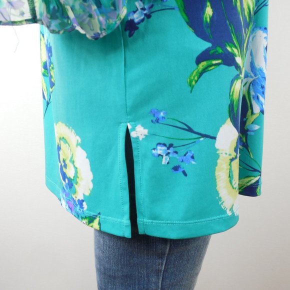 SUSAN GRAVER Top 1X Floral Blouse Stretch Green/Blue Print Chiffon Flared Sleeve - Picture 8 of 13